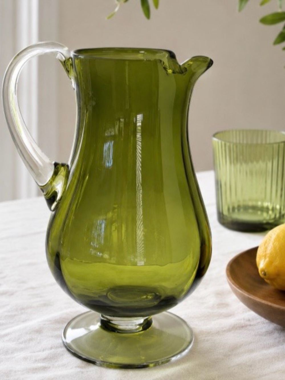 VTG Hand Blown Green Art Glass Pitcher Clear Handle Pedestal Base MCM 54 oz